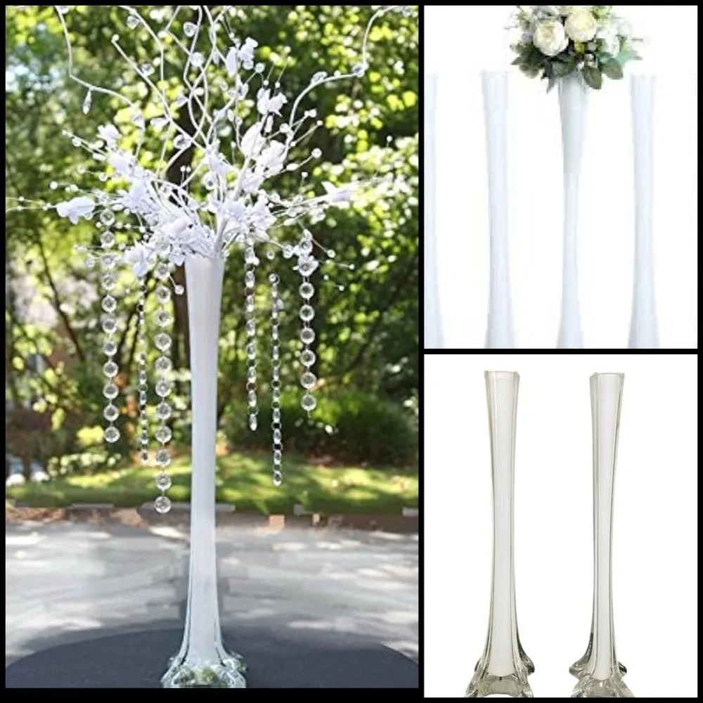 2 White Blown Glass Eiffel Tower 12” Tall Centerpiece Wedding Decor Vases
